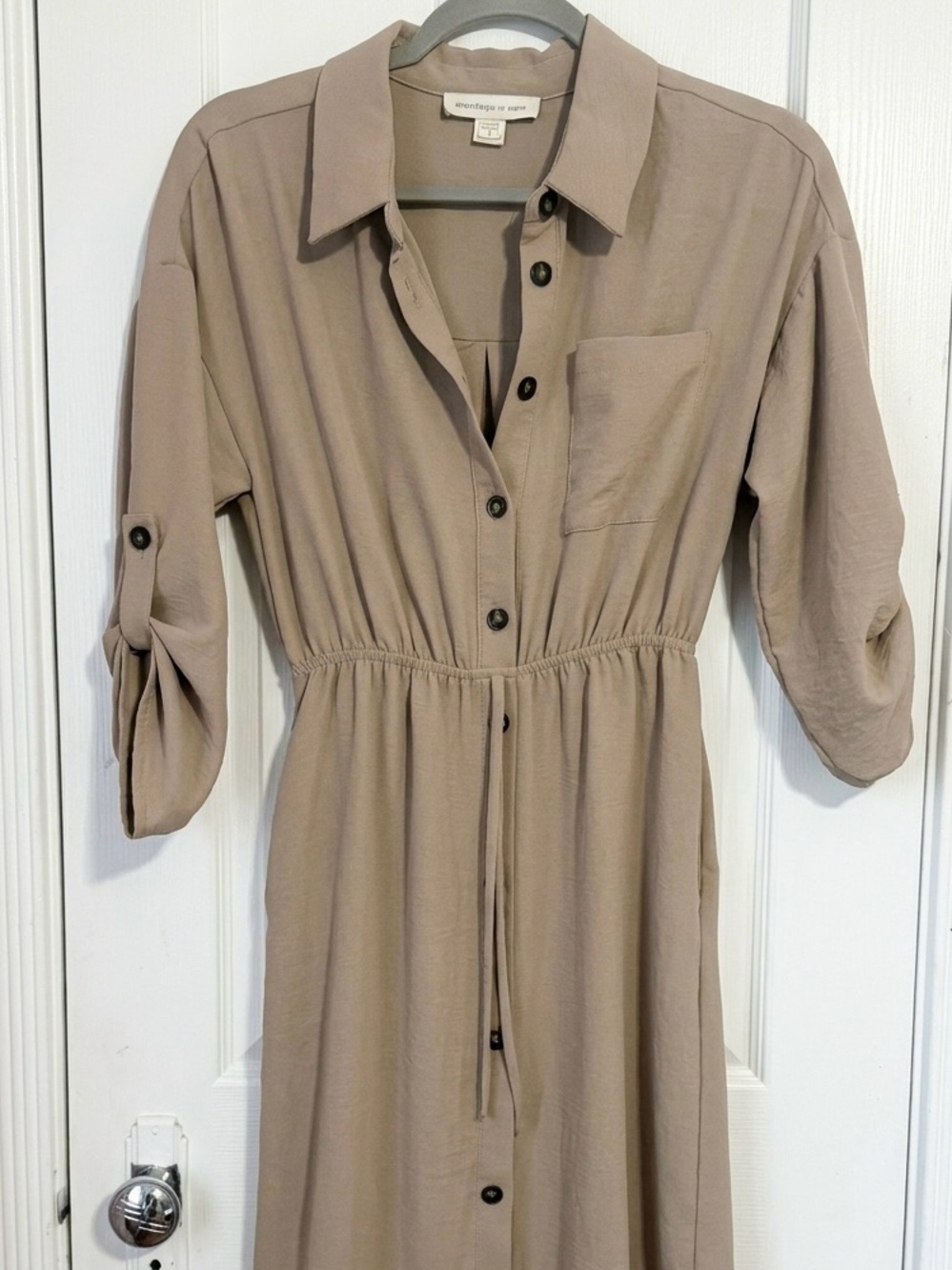 Taupe Button-Front Midi Shirt Dress with Drawstring Waist